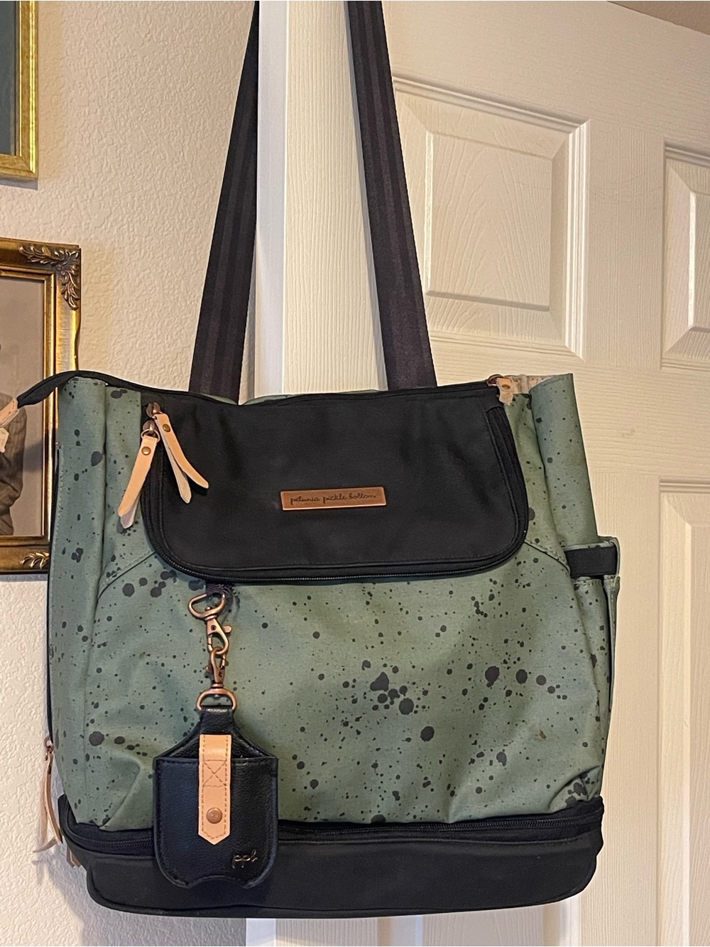 Petunia Pickle Bottom Olive Splatter Canvas Tote with Black Trim